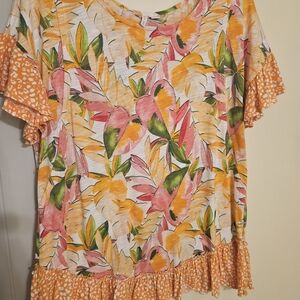 Floral Ruffle Tunic Top - Pink, Orange & Green